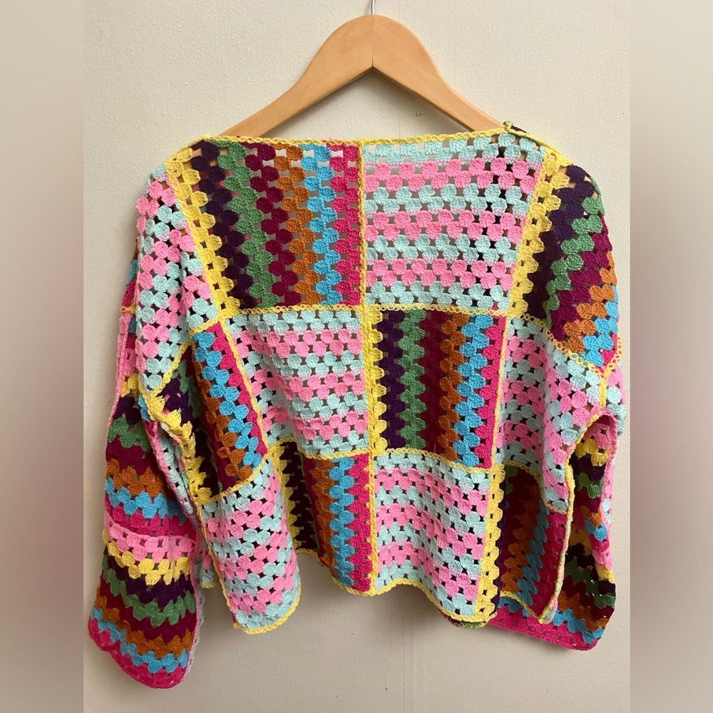 Pink Granny Square Crochet Patchwork Cardigan Swe… - image 5
